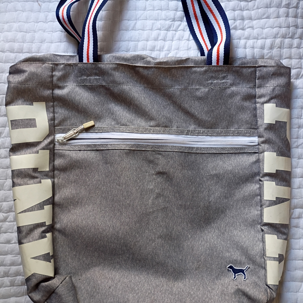 PINK Victoria's Secret Gray Tote with White and Blue Accents